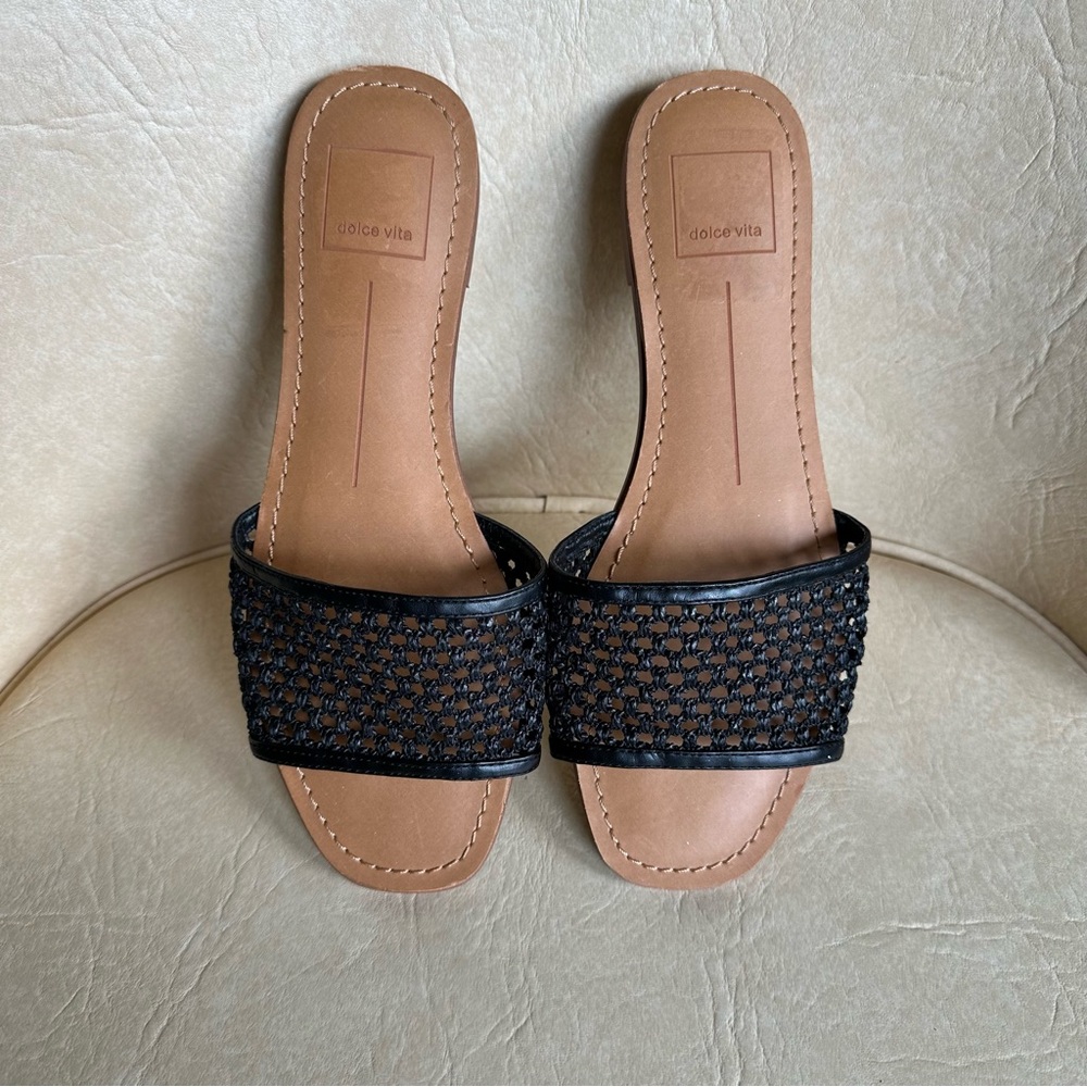 Dolce Vita Black and Tan Mesh Slide Sandals 7